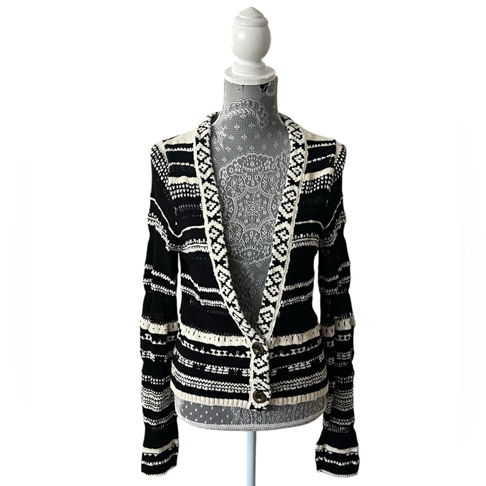 Free People Black Cream Fair Isle Knit Cardigan Sweater Large
